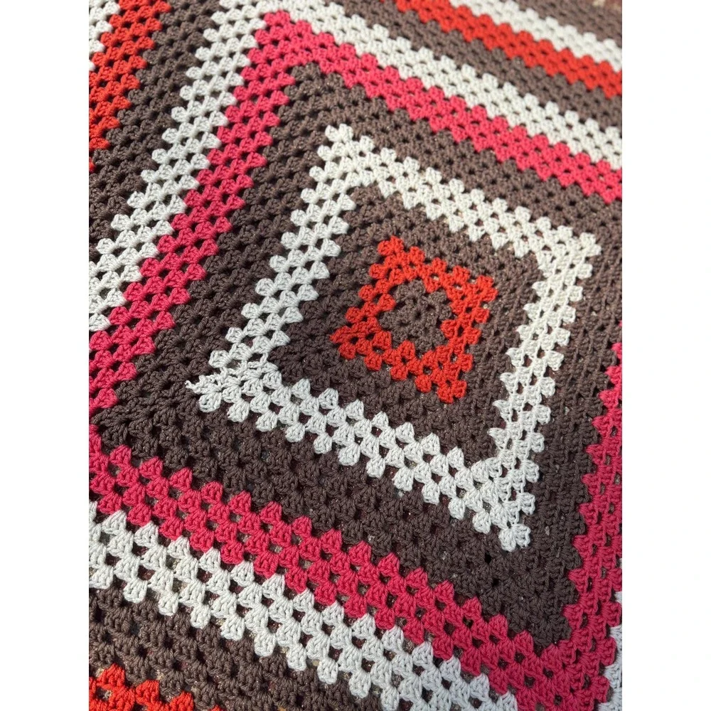Handmade Granny Square Crochet Blanket Brown Red Pink Retro Throw 4.5ft Square